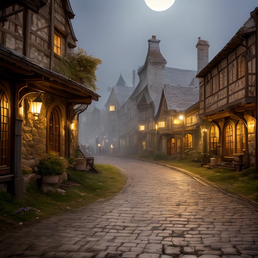 (masterpiece:1.2), (best quality,:1.2), 8k, HDR, ultra detailed, ((photorealistic)), professional light, cinematic lighting, fashion photography, ambient lighting,<lora:detail_slider_v4:2.5>, background, a street in a medieval town, moonlight, fog, FanSe, <lora:FantasySettlement-10:1>, epiCPhoto