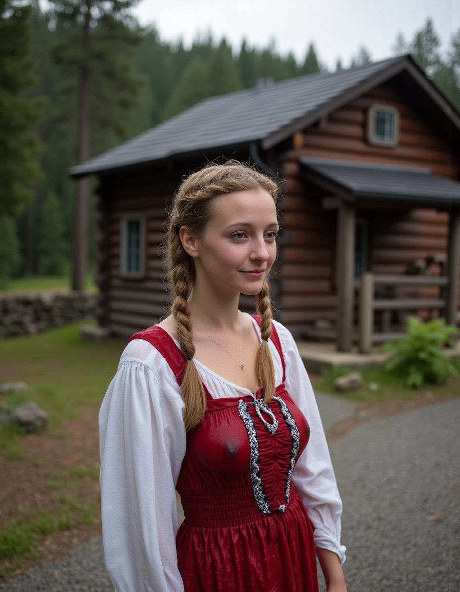 photo of a Norwegian woman wearing a traditional dress standing outside a log cabin in a forest on a cloudy day, rain in the forecast, plaited hair, wet clothes <lora:WetshirtForFlux-1.1:1>