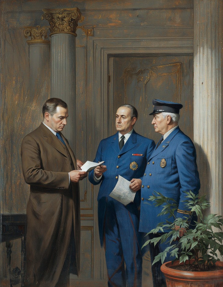 RobGin style. A painting of three men in military uniforms standing in a dimly lit room,  with a potted plant in the foreg...