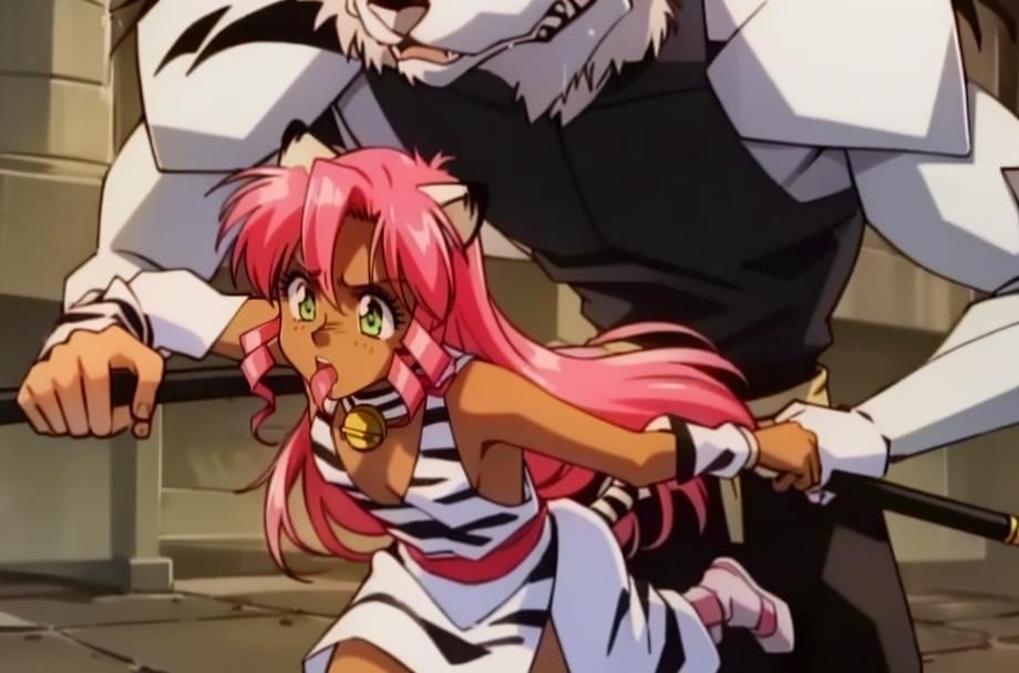 1girl, 1boy, 90's anime style, PinkCzar, ((white tiger ears), (white tiger tail), long hair, pink hair, sidelocks, green eyes, small breasts, choker, bell), (tiger print, slit dress, red sash), (Werewolf, Monster, Incoming attack, attack, horror, scared, mouth open, running, running away), (masterpiece:1.2), hires, (detailed face:1.2), (detailed eyes:1.2), ultra-high resolution, 8K, high quality, (sharp focus:1.2), clean, crisp, cinematic, <lora:Pink-18:0.8>, <lora:werewolf_v0.2:1> 