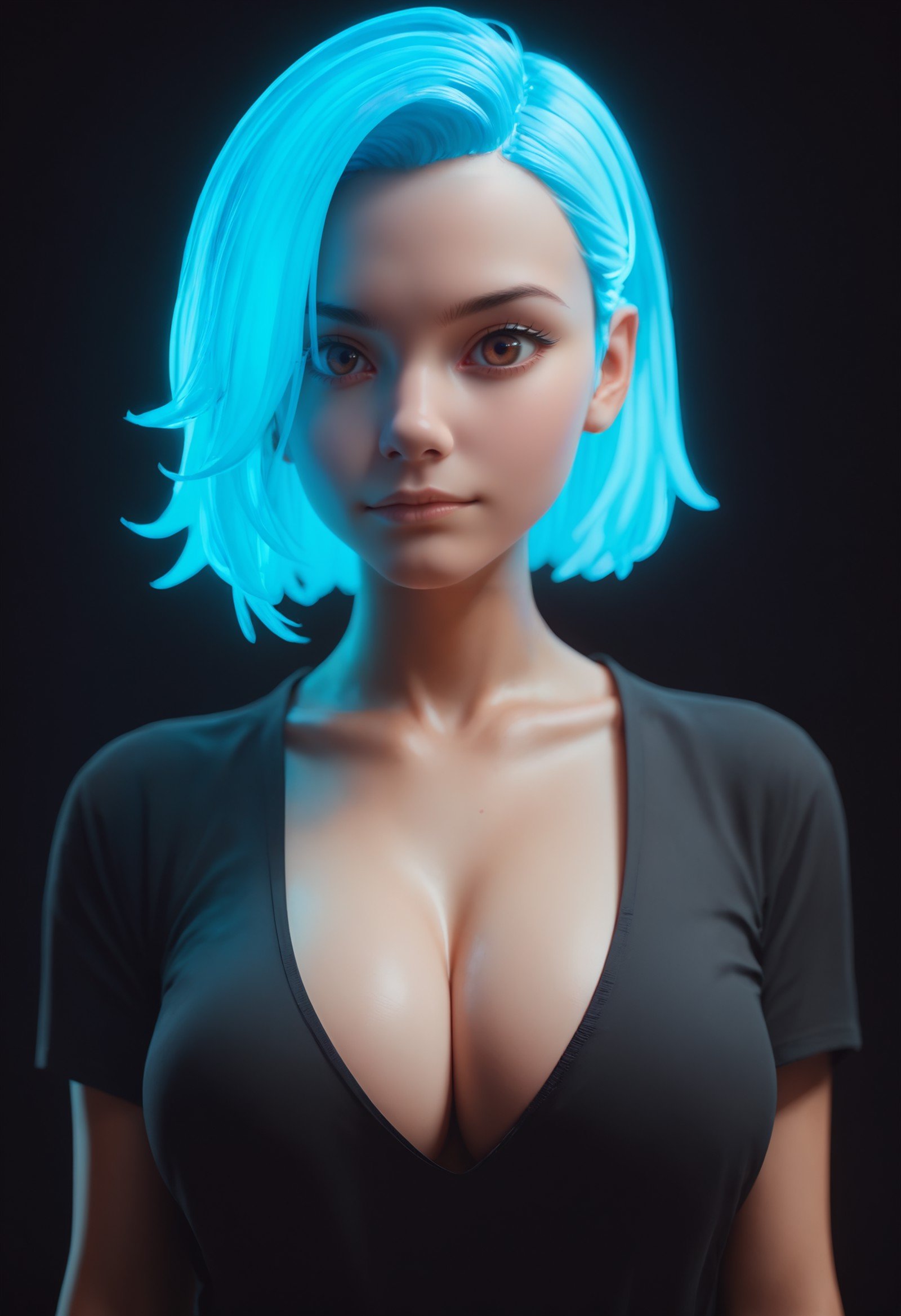 score_9_up, score_8_up, score_7_up, (glowing-neon-blue-hair), black background, portrait, 1girl, brown eyes, black shirt, large breasts, cleavage, fit girl, <lora:lukethighwalkerneonponyv7:0.5>