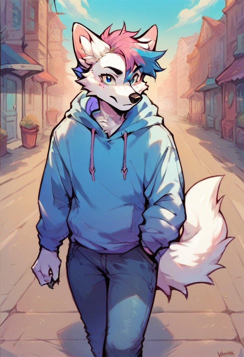 score_9, score_8_up, score_7_up, score_6_up,looking at viewer, Ark, white fur, pink and blue hair, blue eyes, fox, furry male, pink hair, walking down the road