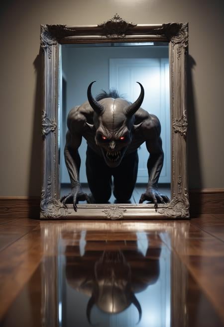 An evil demon crawling out of a mirror with a horrifying reflection on a polished wood floor, mirror has a ((silver frame)), 8k resolution, best quality, hyperdetailed photograph, lowlight