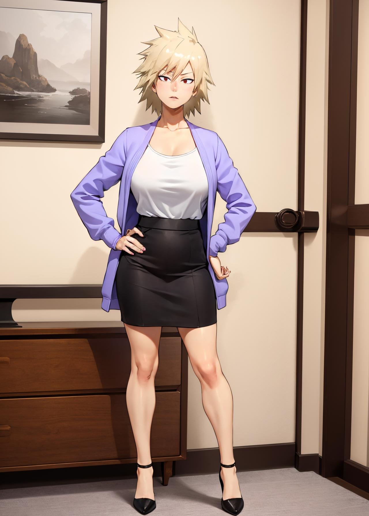 (full body shot, masterpiece, best_quality, ultra-detailed, immaculate:1.3), BREAK<lora:m1tsuk1_ada:0.6> m1tsuk1, solo, red eyes, short hair, blonde hair, female focus, serious, looking at viewer, purple cardigan, white shirt, black skirt, heels, standing, hand on hip,<lora:detail_slider_v4:0.5>BREAKliving room