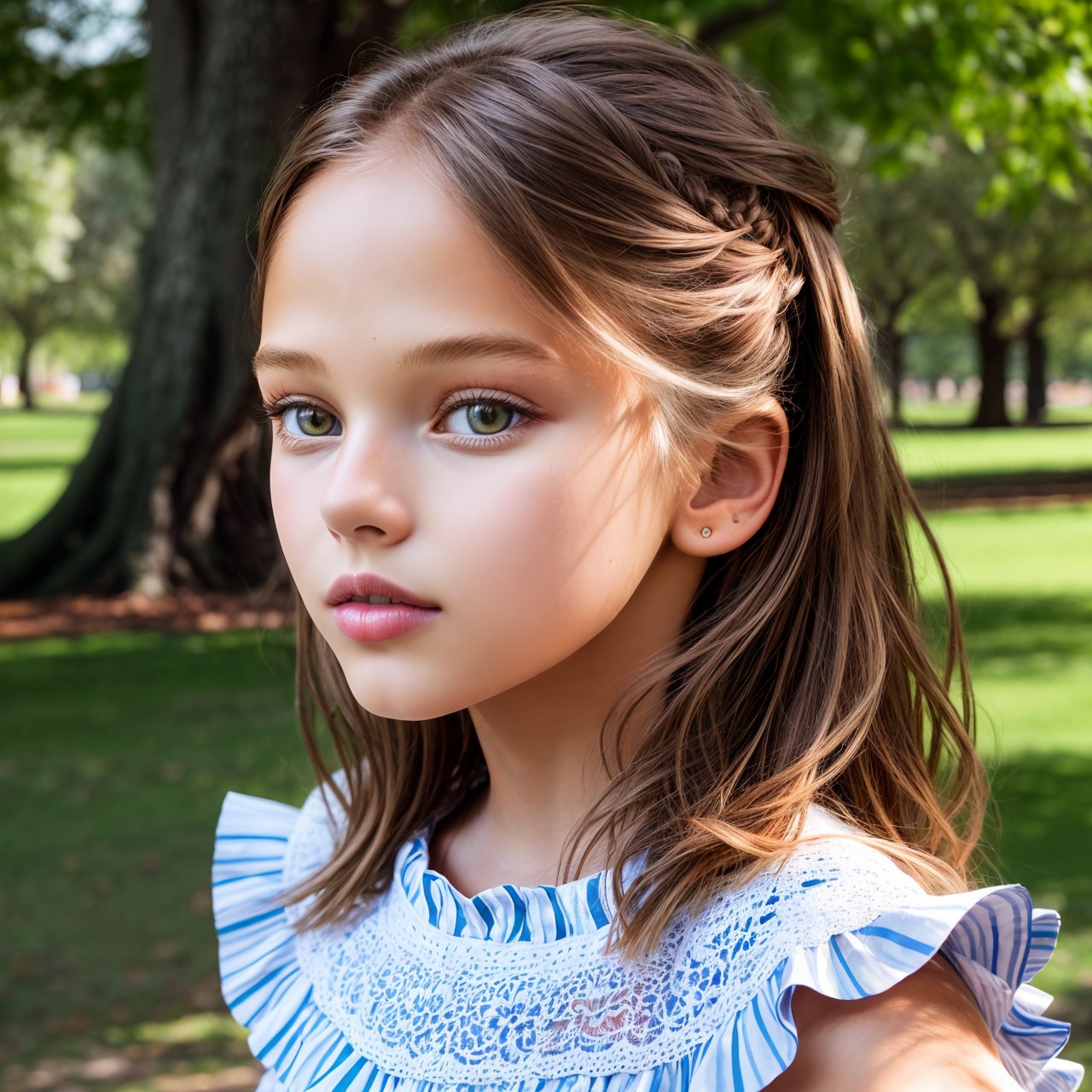 SFW, (masterpiece:1.3), looking back, profile of beautiful (AIDA_LoRA_apv2020:1.07) <lora:AIDA_LoRA_apv2020:0.87> in a dress standing in the park next to the tree, little girl, pretty face, naughty, playful, intimate, flirting, intricate pattern, studio photo, (studio photo:1.3), (trending on artstation:1.3), kkw-ph1, hdr, f1.5, (colorful:1.1)