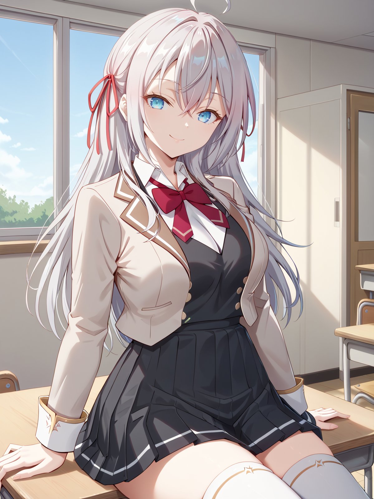 ((score_9)), ((score_8)),((looking at viewer)),smile, indoors, cowboy shot, classroom, sitting, on desk,  <lora:alya-sanV2-05:1>  ((alisa:1)), 1girl, long hair, ribbon, hair ribbon, blue eyes, grey hair, school uniform, ((blazer)),  ((Brown lapels:1.3)) shirt, white shirt, hair between eyes, bow, bowtie, long sleeves, collared shirt, skirt, pleated skirt, ahoge, red ribbon, red bow, thighhighs, black skirt, grey jacket , medium breasts, ((black vest)) <lora:add-detail-xl:1> 