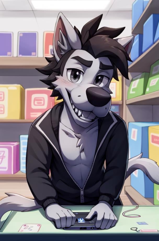 NuPogodiNewWolf, (chest tuft, black tracksuit, tail, teeth), (indoor, electronics store, buying a cellphone), (masterpiece:1.2), hires, ultra-high resolution, 8K, high quality, (sharp focus:1.2), clean, crisp, cinematic, <lora:Vlk-v1:0.7>