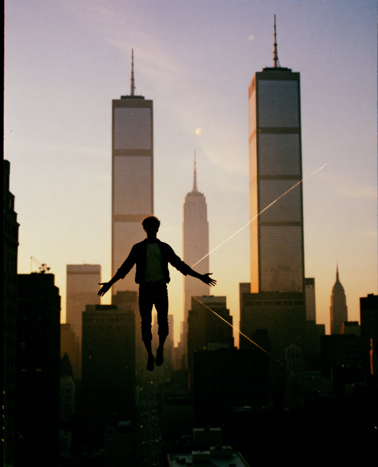 eh80retrofilms,  man levitating over new york,  twin towers by Electric Dreams on Tensor.Art