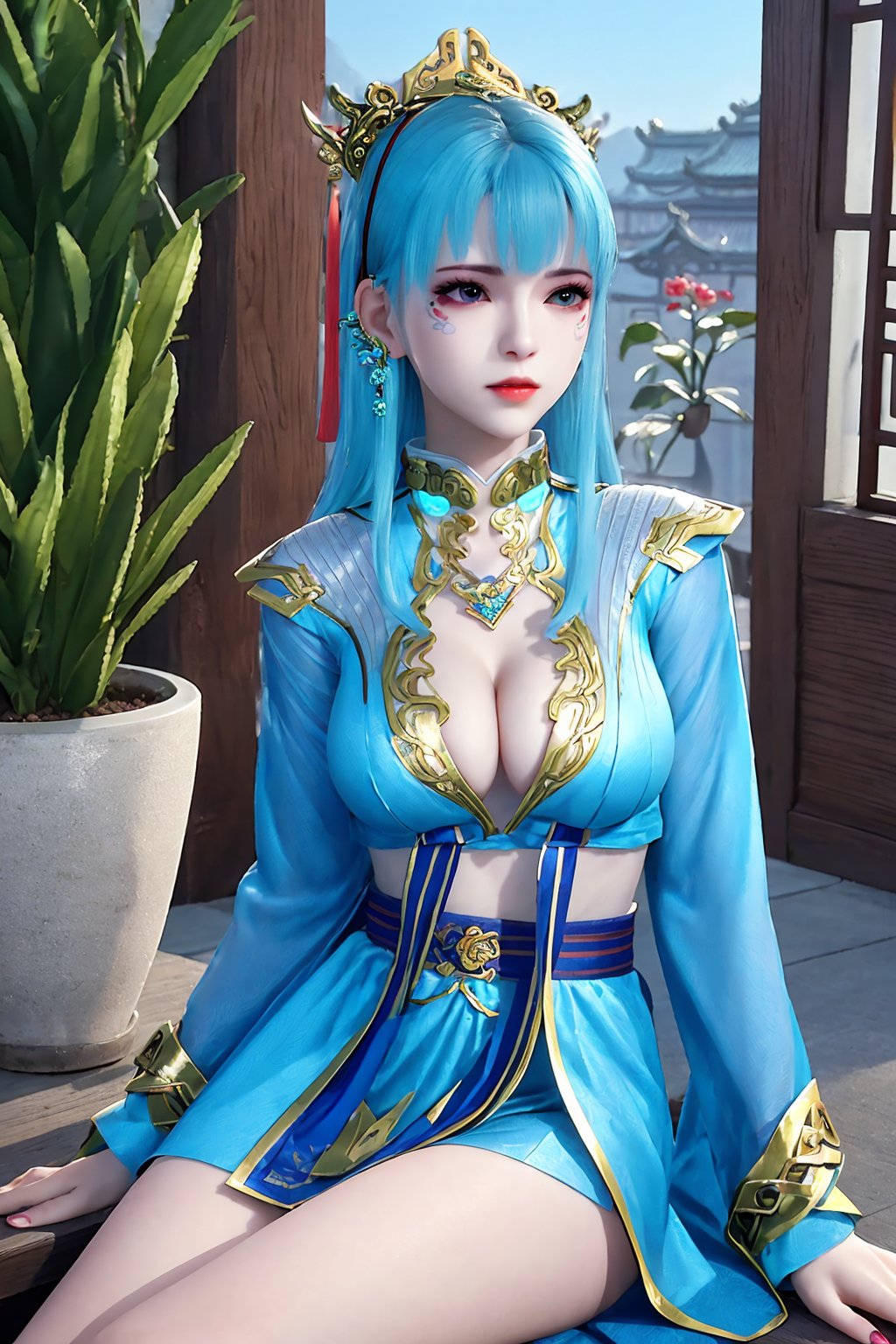 sitting, (lowleg), dress, chinese_clothes, long_sleeves, looking_at_viewer, (scenery,  east_asian_architecture, potted_plant,  plant),1girl, solo, blue_hair, long_hair, hair_ornament, bangs, jewelry, earrings, jewelry, (straight-on), (cleavage),white_legwear, fingernails, nail_polish, makeup,photo_\(medium\),(8k, RAW photo, best_quality), (masterpiece:1.2),(realistic), (photorealistic:1.3), (ultra-detailed),(extremely_detailed_cg_8k_wallpaper),(crystal_texture_skin:1.3), (shiny:1.2),(shiny_skin:1.4),(extremely_delicate_and_beautiful),<lora:syqiangk_加强_定坤_C9_5.2:0.8>,