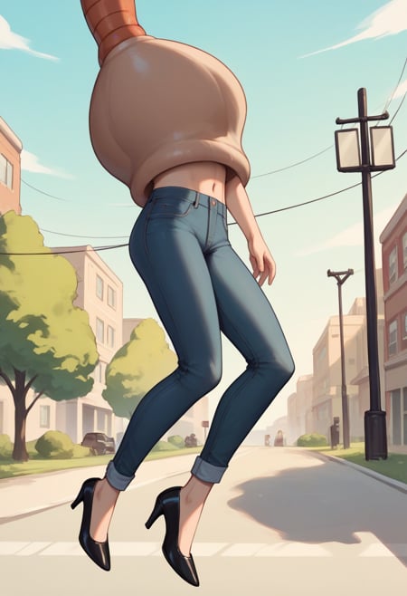 score_9, score_8_up, score_7_up, score_6_up, score_5_up, score_4_up, BREAKcellvore, 1girl in the air, jeans, black high heels, sky, solo, street background  <lora:CellvoreXL:1>