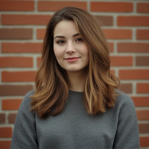 An analog photo of a beautiful 25-year-old Caucasian woman with light brown hair standing in front of a brick wall.