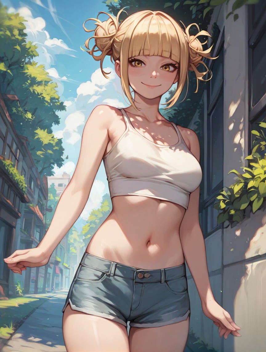 score_9, score_8_up, score_7_up, score_6_up,source_Anime, 1girl, h1m1k0t0g4, yellow eyes, blonde hair, short hair, blunt bangs, hair bun, messy hair, smile,  medium breast, croptop, shorts, looking at viewer, outdoors,   <lora:HimikoTogaByJuninholara21:0.8>