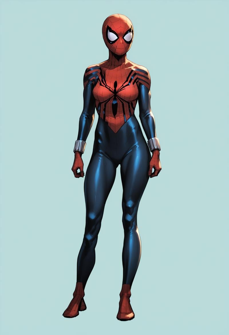 score_9, score_8_up, score_7_up, score_6_up, score_5_up, score_4_up, 1girl, <lora:SpiderGirl:0.85> breasts, medium breasts, superhero, bodysuit, spider web print, mask, full body, standing, (light blue background), simple background,