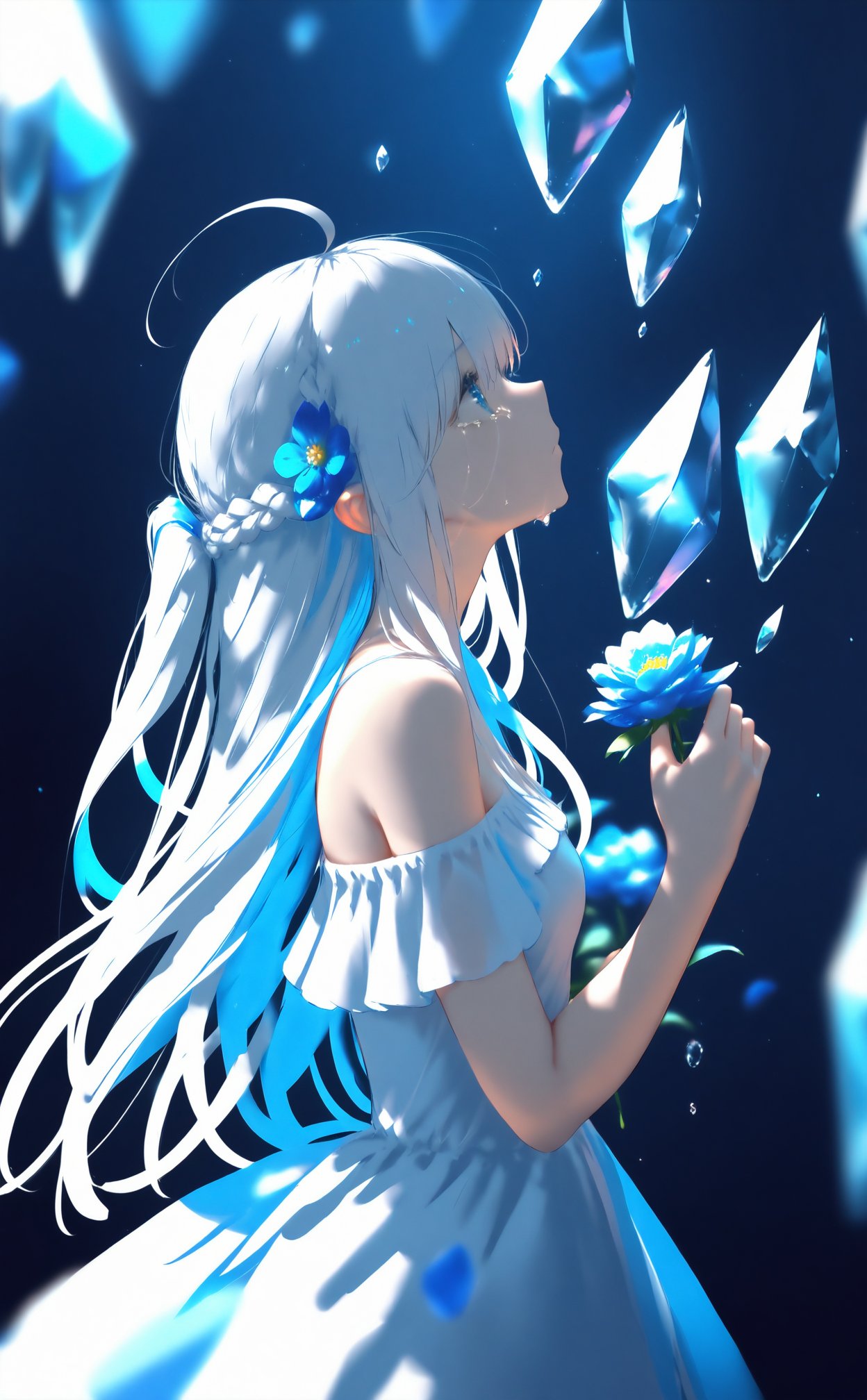 masterpiece,best quality,high quality,(colorful),nai3 Style,loli,1girl,flower,solo,dress,braid,looking up,blue flower,white dress,long hair,white hair,from side,blue eyes,bare shoulders,crying,blurry foreground,standing,blurry,sidelocks,crying with eyes open,blue theme,ahoge,tears,crystal,profile,depth of field,off shoulder,breasts,small breasts,off-shoulder dress,light,