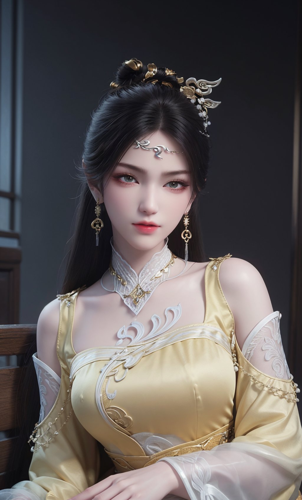 ,,masterpiece,(best quality),official art,extremely detailed cg 8k wallpaper,(extremely delicate and beautiful),solo,realistic,photo_\(medium\),portrait,adfxx,(,:1.2),portrait,(yellow chinese clothes,yellow dress,bare shoulders,frilled collar,earrings,long sleeves),1girl,solo,black hair,facial mark,forehead mark,hair bun,hair ornament,hair stick,jewelry,long hair,<lora:pinger-10:0.6:lbw=NOST4>,adfxx,<lora:美磨皮:0.4>,