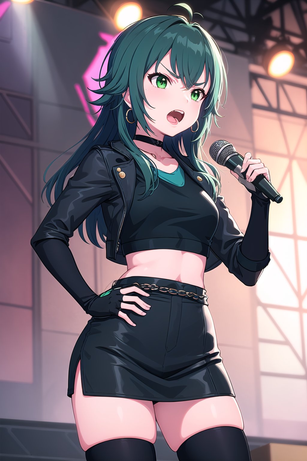 (masterpiece, best quality), highly detailed background, perfect lightingbest quality, tsukimuratemari, solo, indoors, stage, stage lights, idol, dark green hair, ahoge, crossed bangs, messy hair, very long hair, v-shaped eyebrows, green eyes, hoop earrings, black choker, medium breasts, black vest, purple shirt, crop top, asymmetrical sleeves, uneven sleeves, single glove, black gloves, fingerless gloves, asymmetrical gloves, (left hand up, holding microphone:1.1), chain, chain belt, black skirt, miniskirt, black thighhighs, open mouth, <lora:Tsukimura-Temari:0.7>