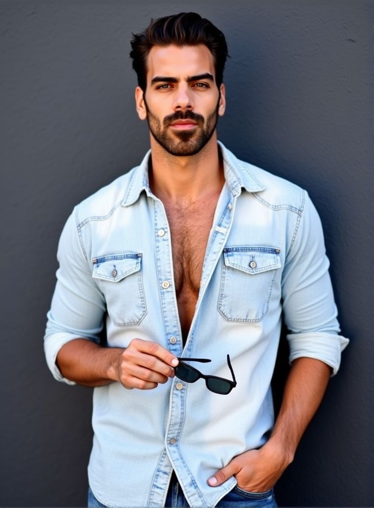 Nyle Dimarco ,  stands confidently in front of a dark gray wall. He wears a light denim shirt,  unbuttoned at the top by H...