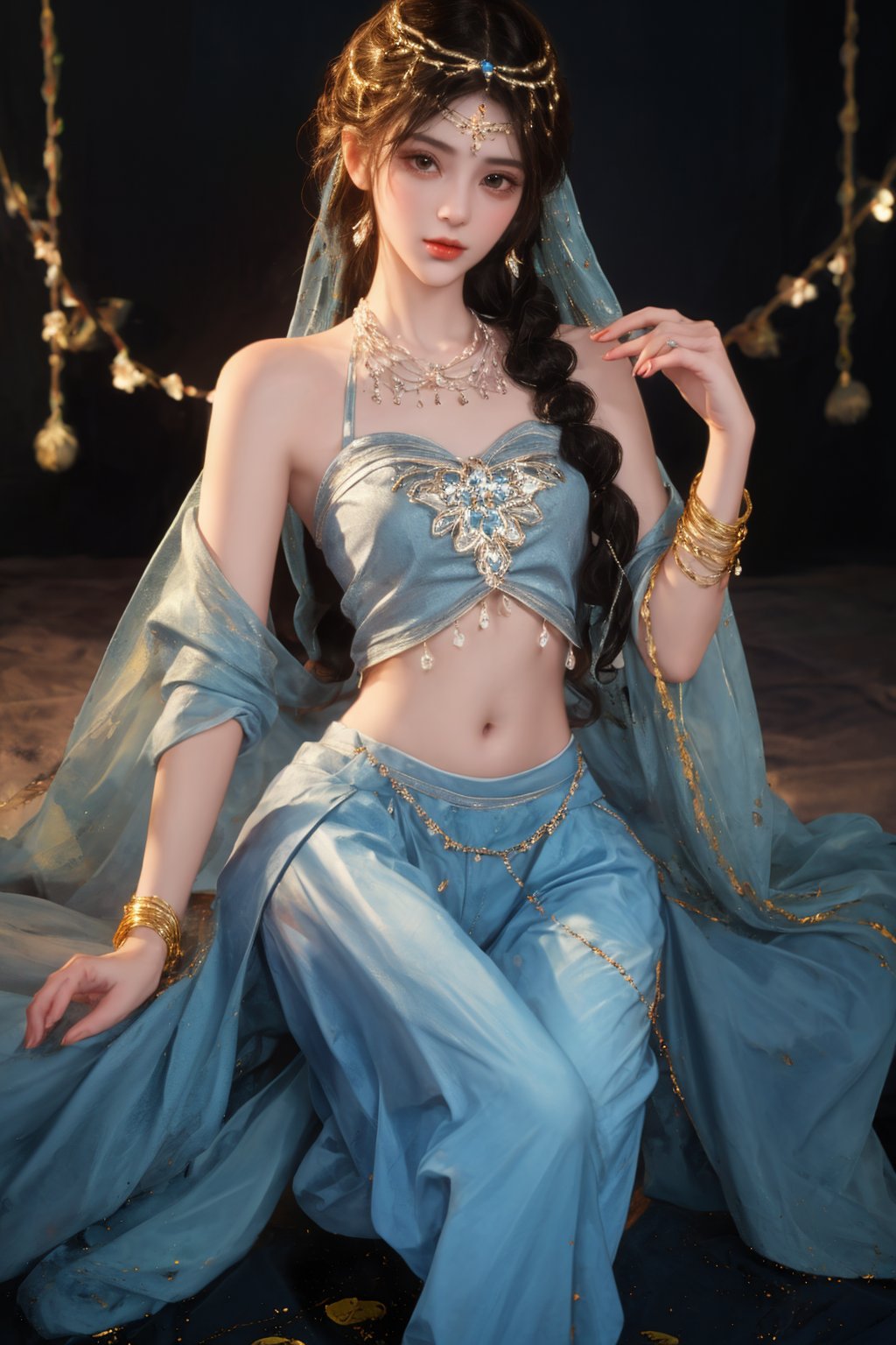 future007,barefoot,bare shoulders,blue dress,blue pants,head chain,baggy pants,navel,Arabic costume,anklet,<lora:future008-hanfu:0.8>,thigh gap,sitting,