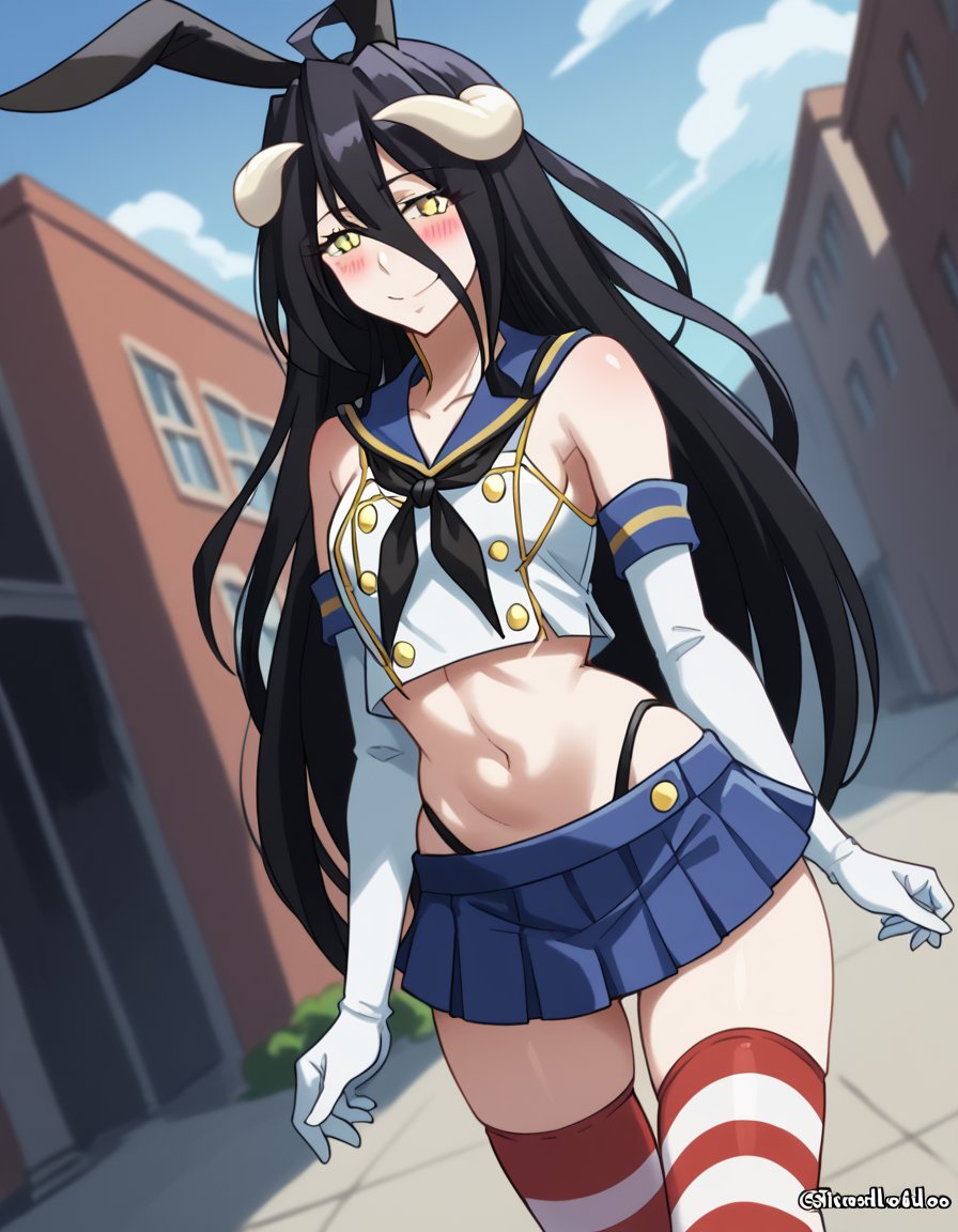 score_9, score_8_up, score_7_up, source_anime, overlordalbedo, <lora:overlord-albedo-s1s2-ponyxl-lora-nochekaiser:1>, albedo, ahoge, black hair, horns, long hair, yellow eyes,, <lora:shimakaze-cosplay-ponyxl-lora-nochekaiser:1>, shimakazecosplay, shimakaze \(cosplay\), highleg panties, black neckerchief, microskirt, striped thighhighs, highleg, black panties, elbow gloves, thong, blue sailor collar, white  gloves, crop top, sailor collar, blue skirt, black hairband, bunny ears,, outdoors, streets, smile, blush,, cowboy shot, dutch angle, solo,