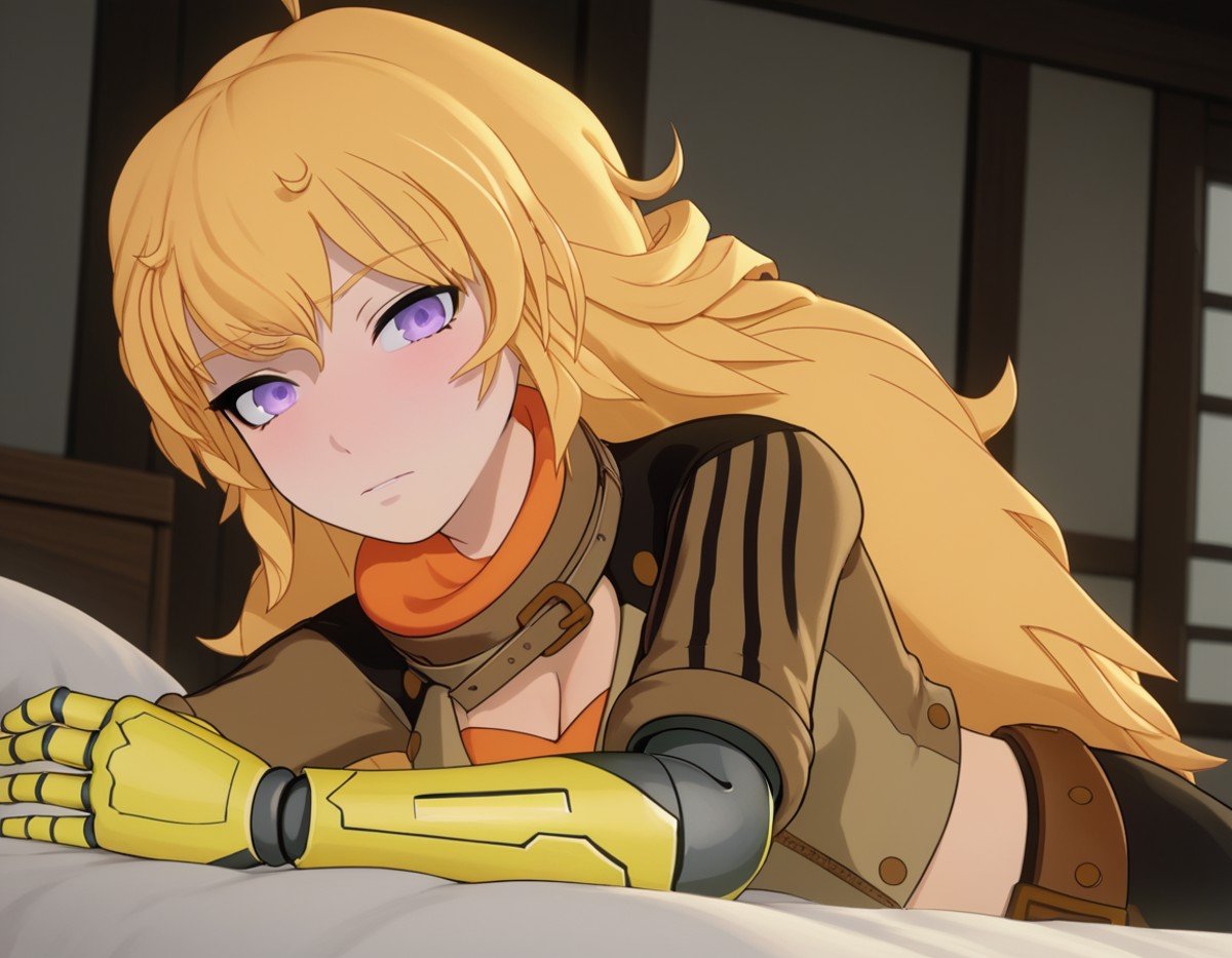 score_9, score_8_up, score_7_up, source_anime, <lora:yang-xiao-long-ponyxl-lora-nochekaiser:1>, yang xiao long, long hair, blonde hair, purple eyes, ahoge, bangs,, cleavage, jacket, belt, mechanical arms, single mechanical arm, prosthesis, prosthetic arm,, indoors, bed, bed room, on side, blush, drunk, looking at viewer, solo, cowboy shot, dutch angle