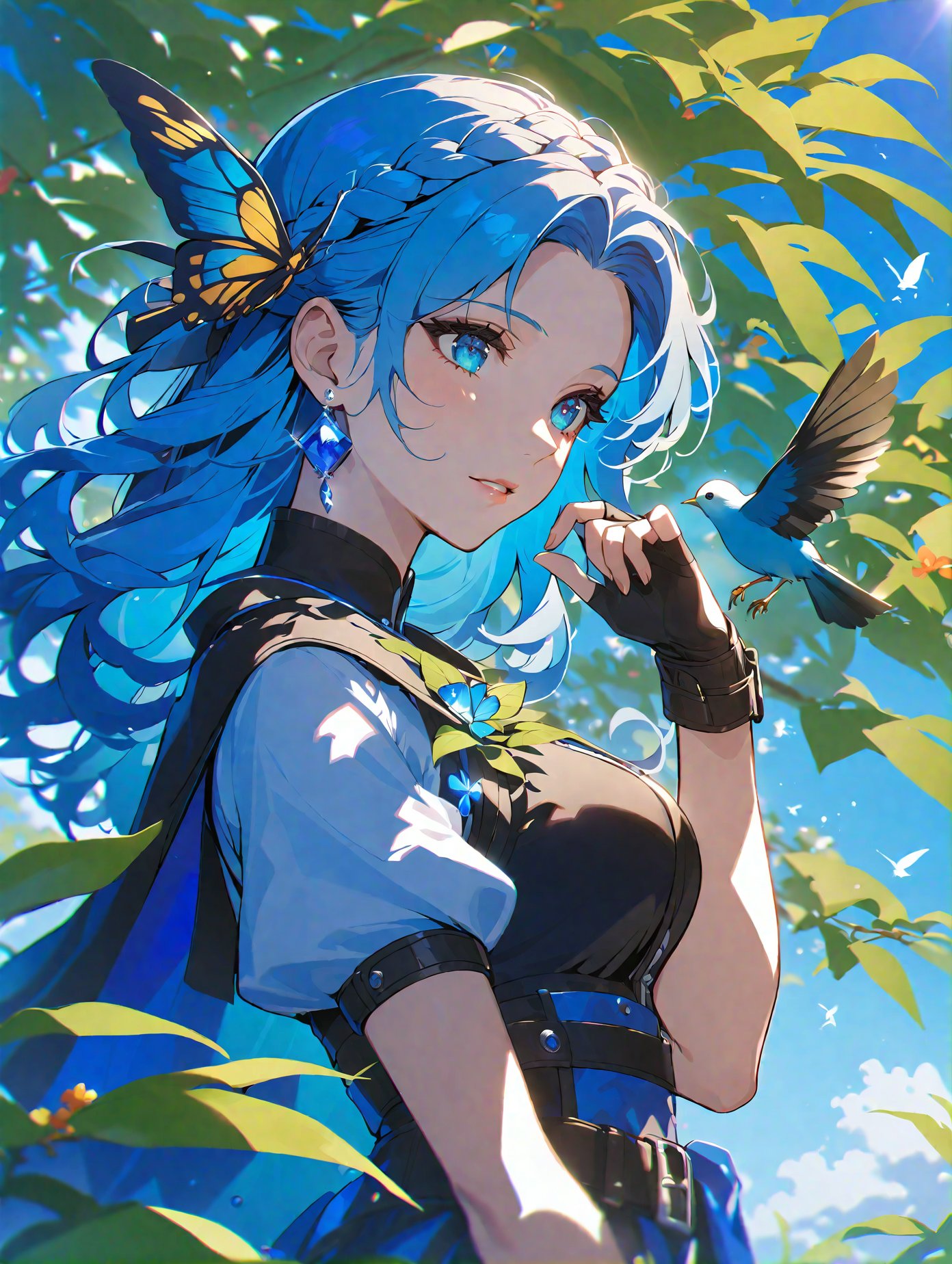 1girl,blue eyes,blue hair,solo,gloves,earrings,jewelry,fingerless gloves,dappled sunlight,braid,long hair,outdoors,upper body,bird,parted lips,cape,day,short sleeves,breasts,from side,hand up,leaf,tree,black gloves,flower,hair ornament,butterfly,sunlight,lips,bug,eyelashes,blue theme,animal,sky,shade,blue gemstone,belt,crown braid,dress,