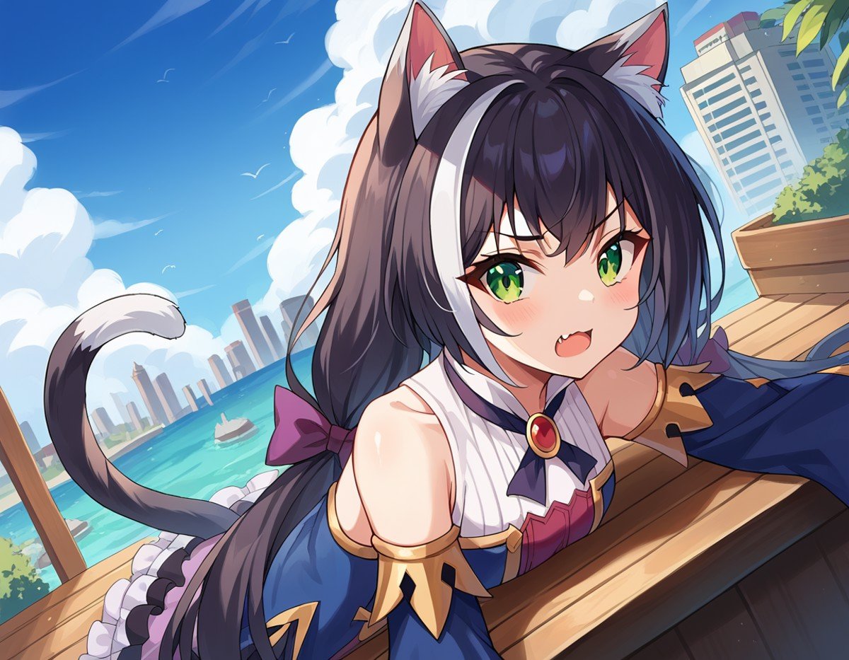 score_9, score_8_up, score_7_up, source_anime,princessconnectkaryl, <lora:princess-connect-karyl-ponyxl-lora-nochekaiser:1>karyl, animal ear fluff, animal ears, black hair, black ribbon, cat ears, cat girl, cat tail, fang, green eyes, hair bow, long hair, low twintails, multicolored hair, purple bow, ribbon, skin fang, streaked hair, tail, twintails, vertical stripes, white hair,arm support, blue sleeves, bow, brooch, detached sleeves, dress, frilled sleeves, frills, multicolored clothes, multicolored dress, neck ribbon, sleeveless, sleeveless dress, striped,outdoors, cityscape, bent over,looking at viewer, dutch angle, cowboy shot