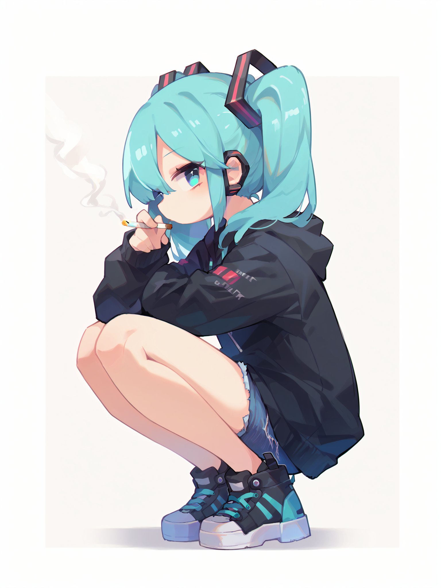 score_9, score_8_up, score_7_up, score_6_up, score_5_up, score_4_up, source_anime, rating_safe, embedding:zPDXL2, 1girl, solo, from side, squatting, miku, cyan hair, twintails, black hoodie, denim shorts, sneakers, cigarette, looking at viewer, simple background, (white frame, white border:1.3)