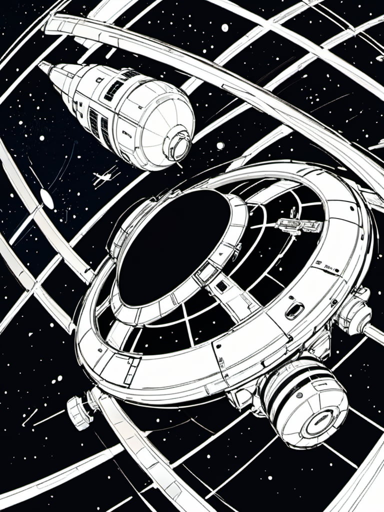 <lora:luXL毛躁手绘Fuzzylines_lora_resized:0.6>, fuzzylines, sketch, view of a space station floating in the outerspace, futuristic,