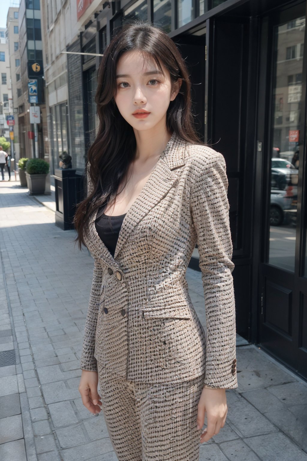 realistic,masterpiece,best quality,8K,HDR,RAW,1girl,(standing),large breasts,looking at viewer,city,street,<lora:add_detail:0.6>,<lora:GoodHands-beta2:1>,<lora:ENNE 定制西服套装_v10:0.9>,tailored suit,