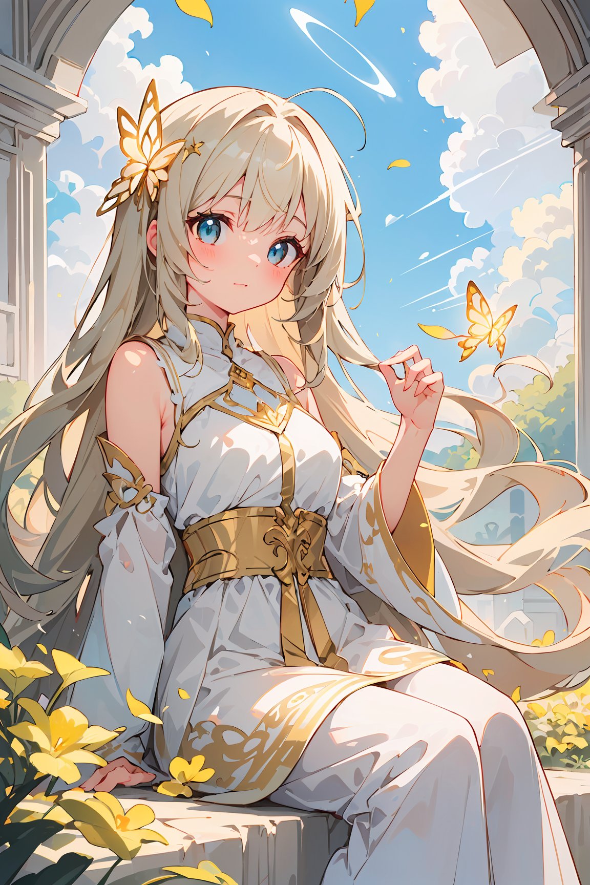 A captivating,  dreamlike anime girl sitting in a fantastical heavenly landscape filled with radiant shades of pure white,...