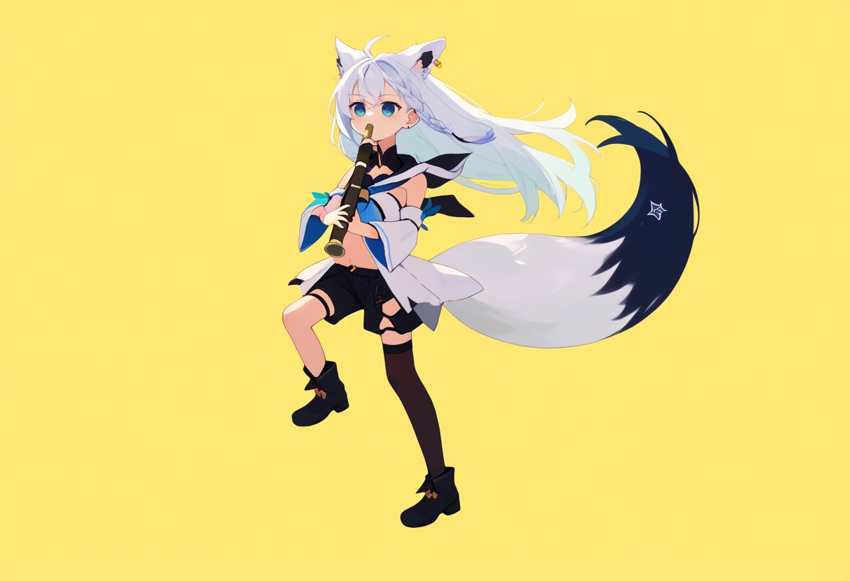 score_9, score_8_up, score_7_up, source_anime, simple background, yellow background, solo, 1girl, fubukibase, kyoufuuallback, full body, holding flute, white blouse, detached sleeves, black shorts, blue neckerchief, thigh strap, single thighhigh, white hair, single side braid, ahoge, piercing, fox tail, pentagram <lora:concept_kyoufuuallback_ponyXL:1> <lora:fubukiXL:1>