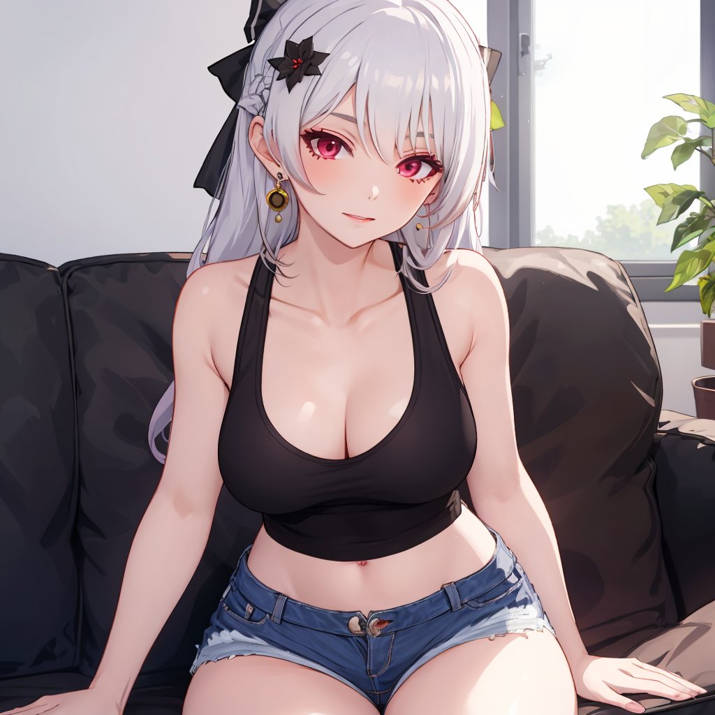 1girl, theresa apocalypse, erotic, hair flower, mature female, hair ornament, flower, earrings, lace tank top, micro shorts, head tilted, glossy skin, hair ribbon, ambient lighting, indoors, living room, sitting on couch, <lora:Char-Honkai-Theresa:0.8>