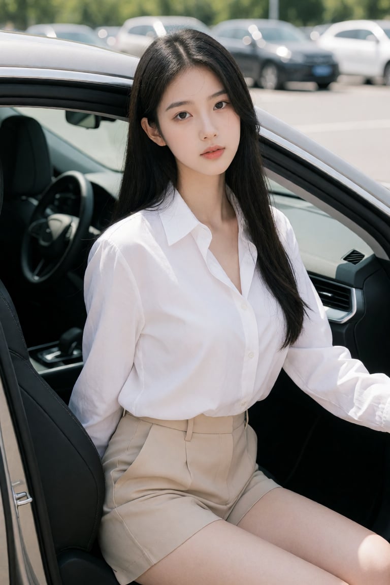 Create an image of a young woman sitting inside a car,  partially leaning out of the open door. She has long,  straight bl...