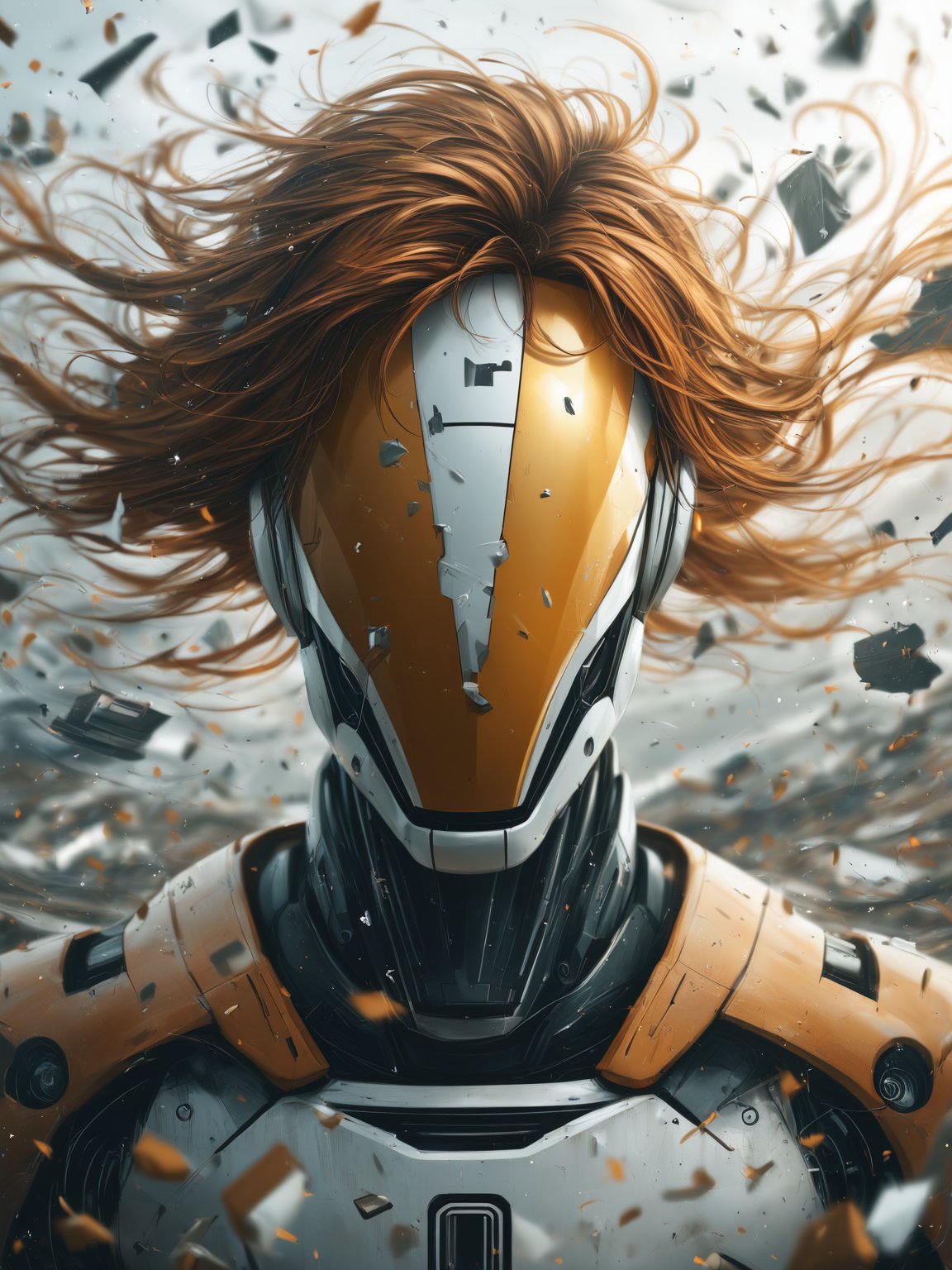 <lora:NoFace_Robot_PonyXL-000002:0.8>,noface robot ponyxl,A burst of wind sweeps across the area, scattering debris.,Her hair is long, wavy, and chestnut brown with highlight,character portrait,