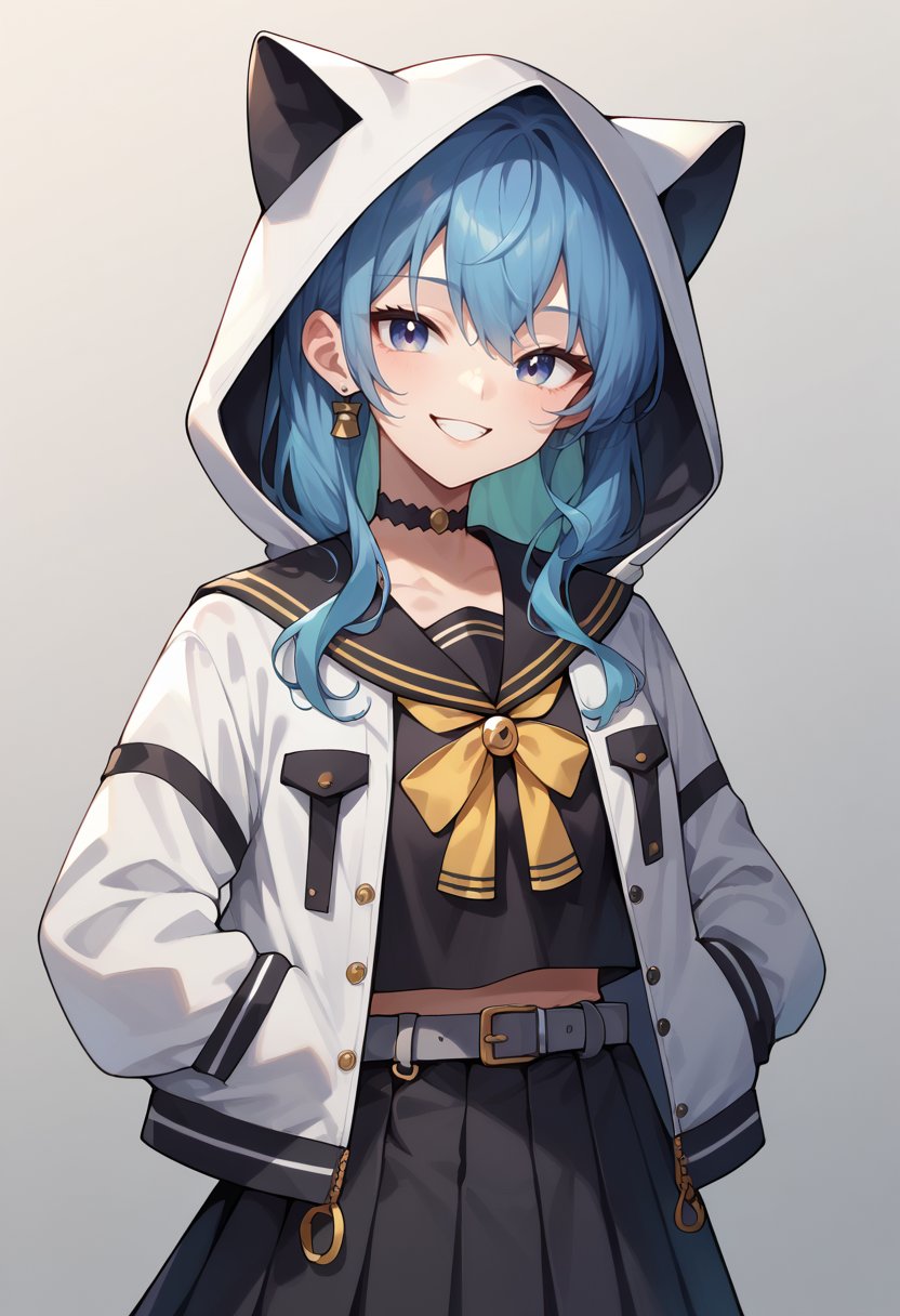 score_9, score_8_up, score_7_up, SuiseiSchool, long hair, black serafuku, black shirt, black choker, yellow bowtie, grey belt, black skirt, white jacket, hood up, cat hood, open jacket, smile, simple background, <lora:HoshimachiSuiseiPDXL:1>