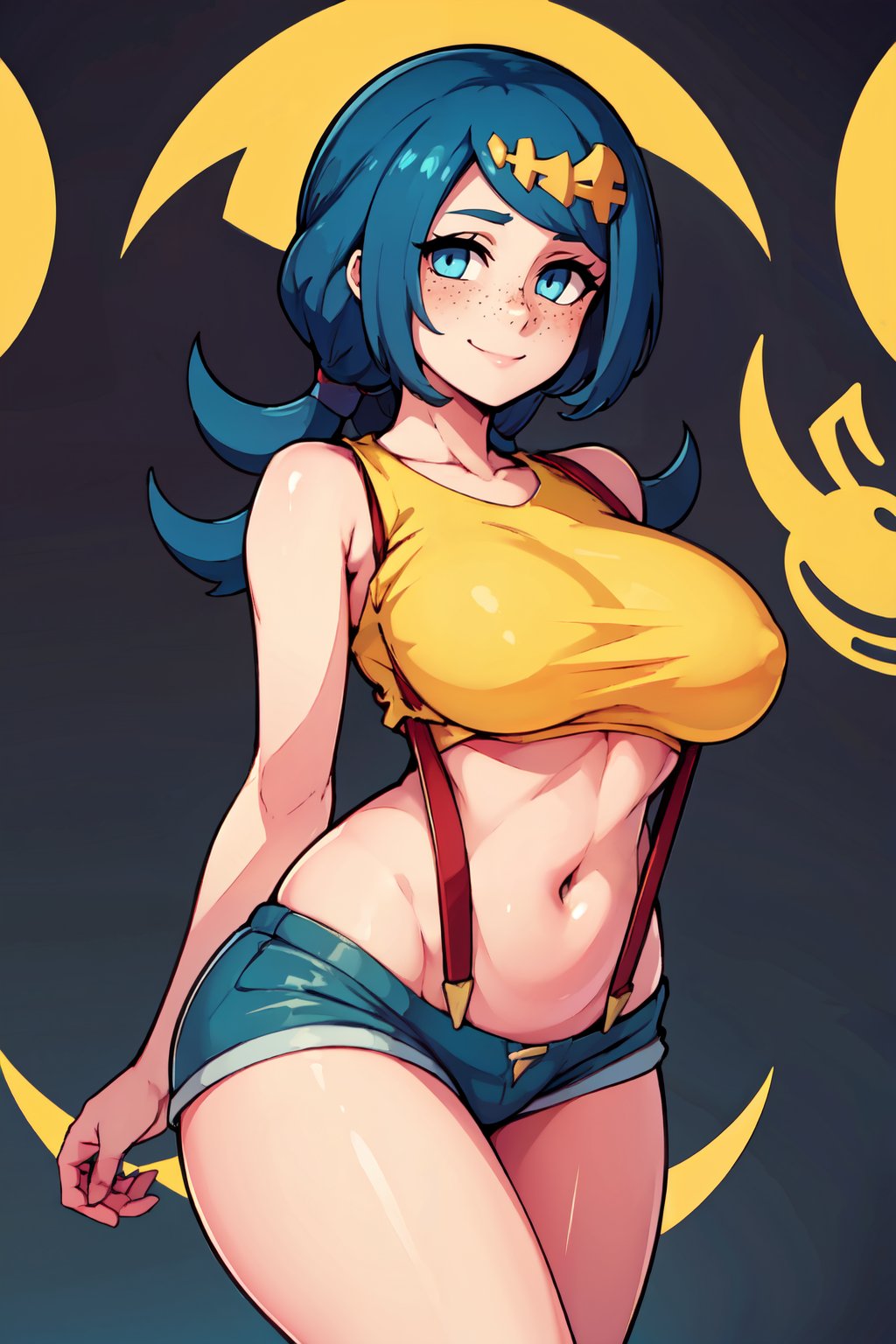 ((masterpiece,best quality)), absurdres,  BREAK,, <lora:Lanas_Mother_Pokemon:0.8>, zzLanasMother, blue hair, blue eyes, long hair, freckles, large breasts, hair ornament, , BREAK,  <lora:Misty_Pokemon_Cosplay_v3:0.8>,  misty (pokemon) (cosplay), yellow crop top, suspenders,, BREAK, solo, smile, looking at viewer, cowboy shot,