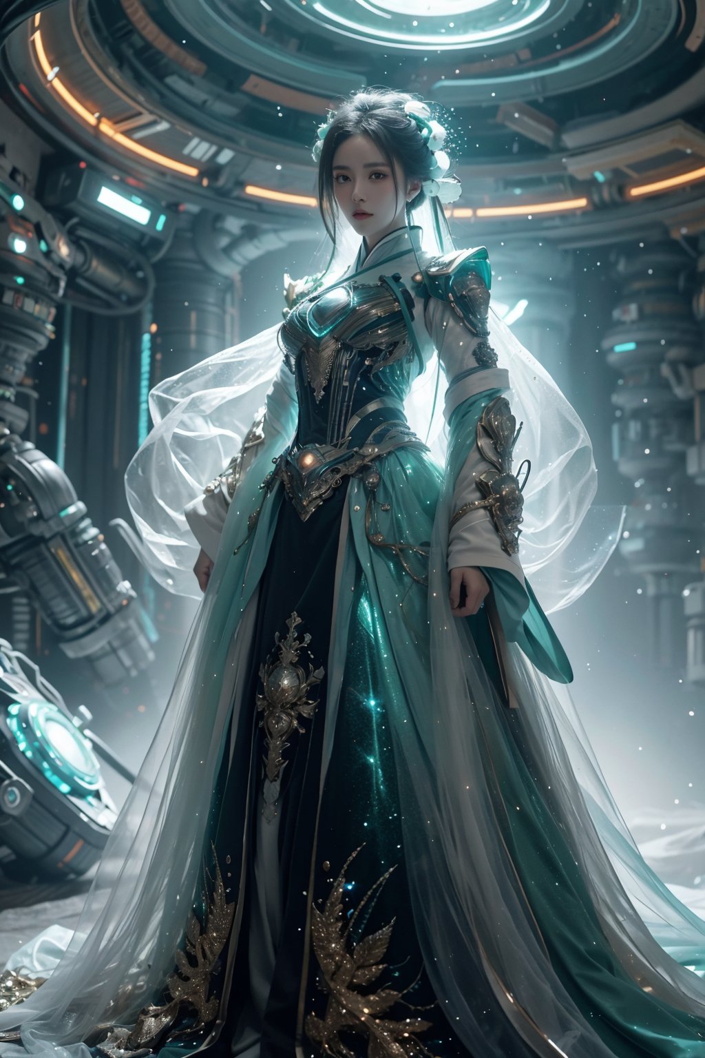 masterpiece,best quality,ultra high res,tashan,1girl,hanfu,mecha,Teal Green theme,dream,science fiction,universe,<lora:踏山幻想:1>,sparkle,light particles,