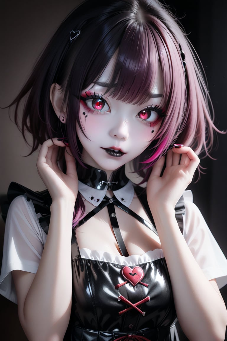 1girl,yandere,yamikawa make up,kawaii,[red heart symbol-shaped pupils],photo real,realistic,upper body,hands up,breasts