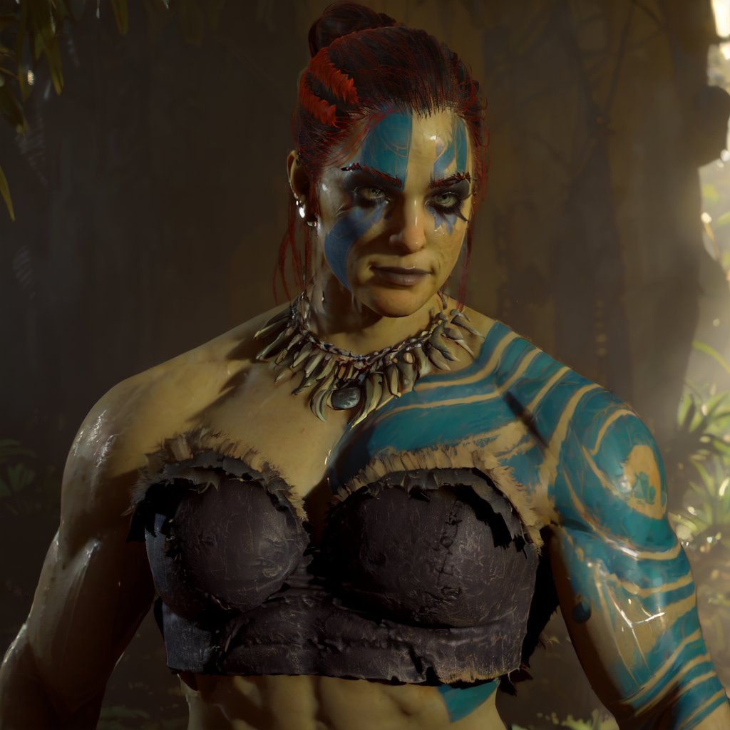 (((upper body,  dynamic pose,jungle, sunny)))<lora:D4FemBarbLoRA:1> fembarbarian, ponytail, tattoos, skirt, chains, top, shoes, beautiful eyes, beautiful girl, high detail skin, high detail eyes, high detail hair, highres, ultra detailed, sharpen picture, Highly detailed, masterpiece, best quality, photorealistic, smile  