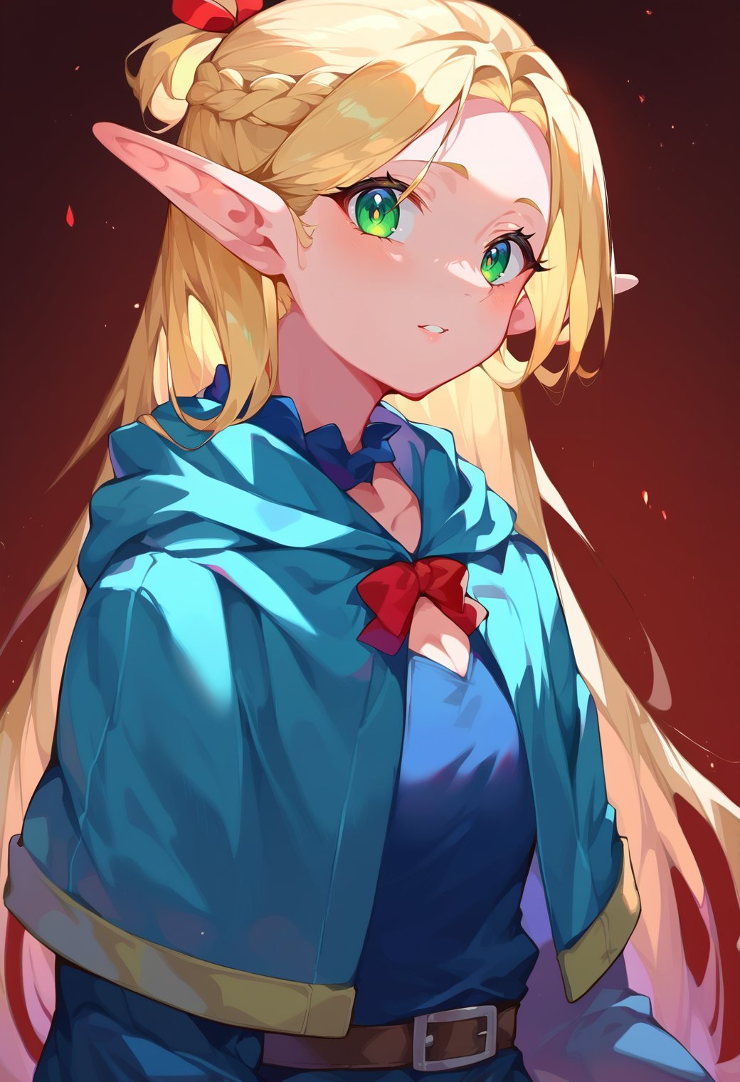 score_9, score_8_up, score_7_up, score_6_up, source anime, BREAK<lora:dungeon_meshi_collection:0.9> ellicrampnxl, marcille donato, 1girl, pointy ears, elf, blue capelet, looking at viewer