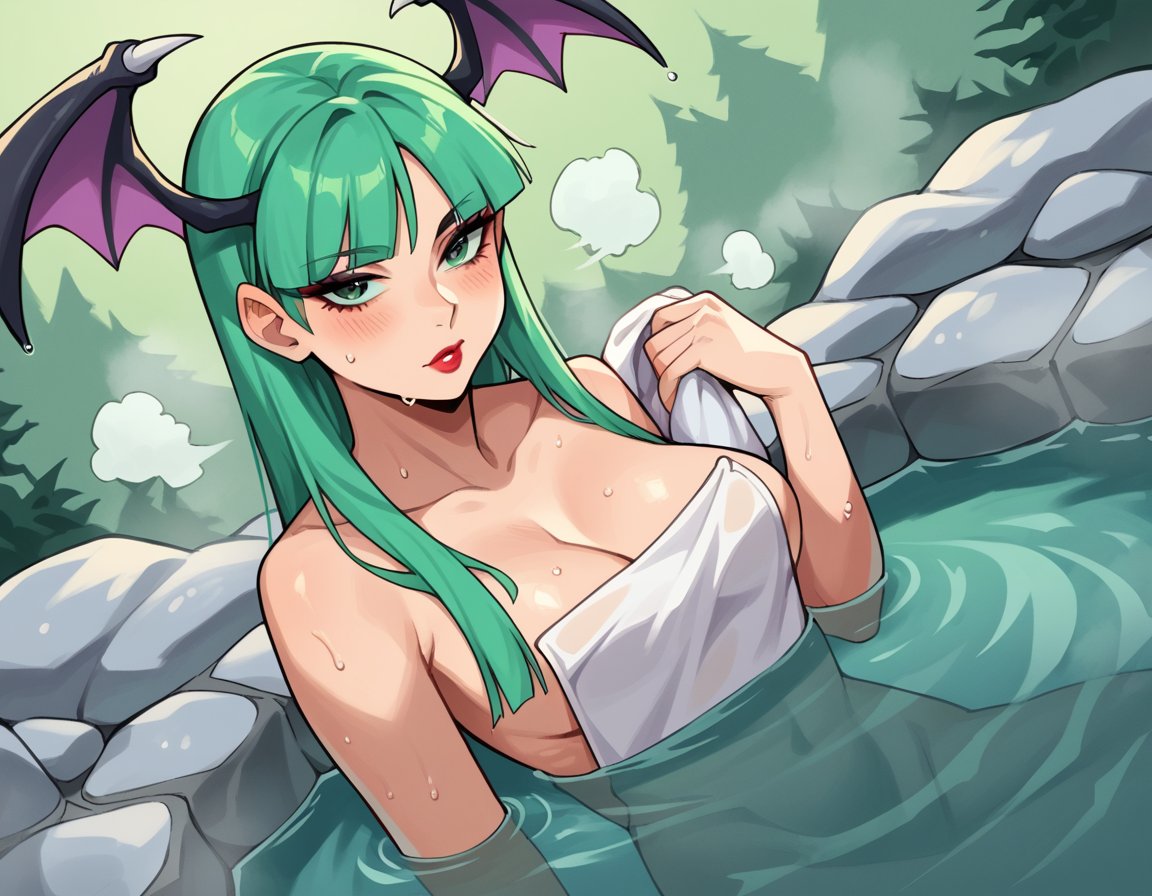 score_9, score_8_up, score_7_up, source_anime, morriganaensland, <lora:morrigan-aensland-ponyxl-lora-nochekaiser:1>, morrigan aensland, green eyes, green hair, head wings, lipstick, long hair, makeup, pale skin,, nude, naked, outdoors, onsen, towel, naked towel, steam, bathing, nude cover, partially submerged, water, bath, steam censor, wet towel, blush, looking at viewer, solo, cowboy shot, dutch angle