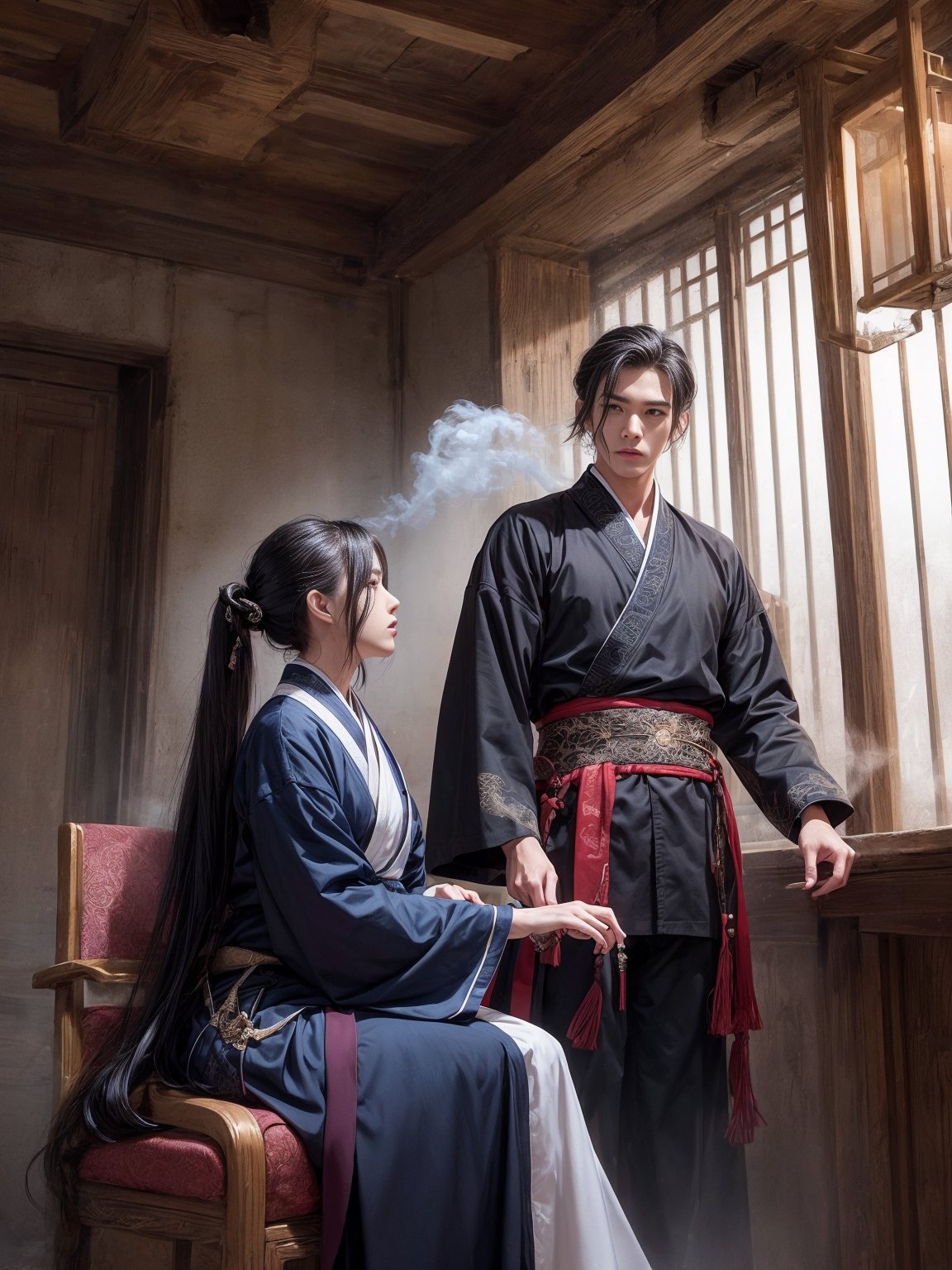 (absurd, high resolution, ultra-detailed), 1 handsome man, 1 beautiful girl, adult, tall and muscular man, broad shoulders, exquisite eyes, Han and Tang hairstyles, thin and enchanting women, interaction between men and women, epic love, two people Echoing action, chivalrous man, Hanfu armor, long sword,fairy couple, fairy, inn, war, smoke, martial arts, sublime, battlefield, (Chinese corner), shut up, (Colorful:1.2),<lora:wenboy_chen_v62:1>,