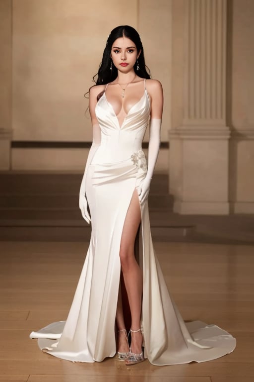 NYFashionG, dress, white dress, gloves, elbow gloves, jewelry, 1girl, earrings, white gloves, black hair, solo focus, long hair, blurry, breasts, long dress, standing, phone, holding, blurry background, collarbone, full body, realistic, high heels, necklace, looking at viewer, bare shoulders, cellphone, gown, lips, depth of field, medium breasts, wedding dress, full body,,cinematic light,(masterpiece realistic:1.2),best quality,masterpiece,original,extremely detailed wallpaper,<lora:SD1.5_NYFashionG.64:0.7>