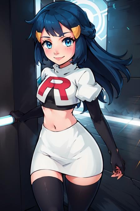 <lora:Cosplay_TeamRocket_v2:0.8>, ((masterpiece,best quality)), Cosplay_TeamRocket, white jacket, cropped jacket, white skirt, elbow gloves, black thighhighs, zettai ryouiki, 1girl, solo, dawn (pokemon), blue eyes, blue hair, long hair, hairclip, blush, smile, cowboy shot,