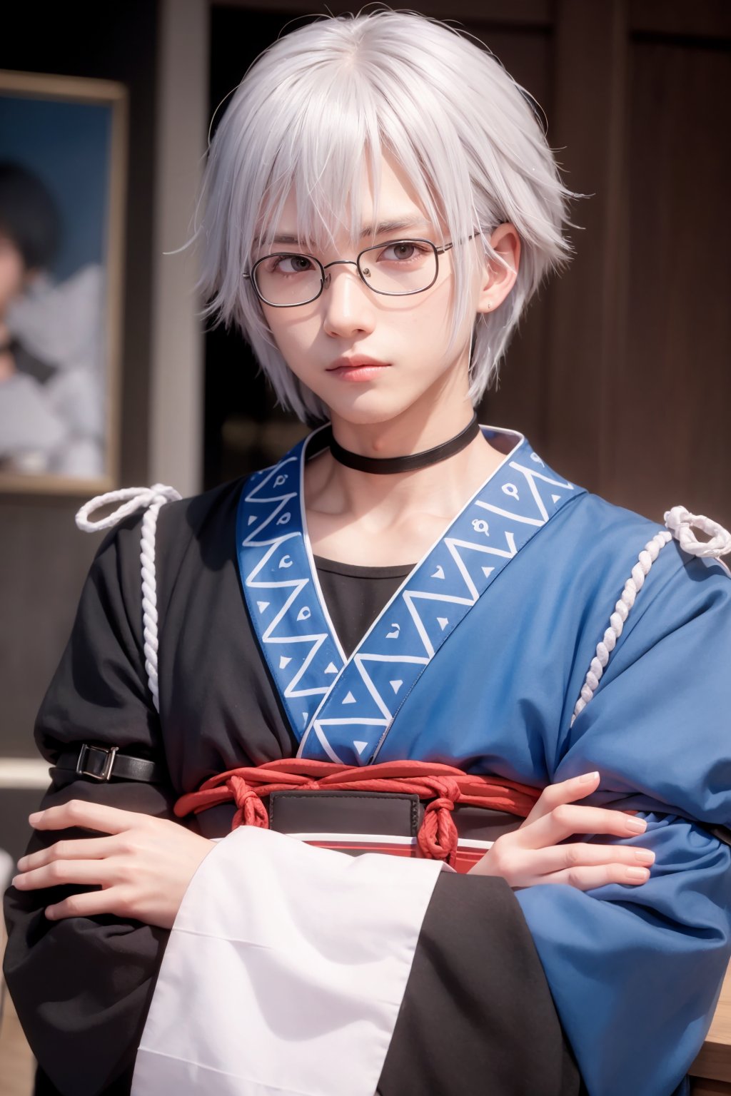 masterpiece, best quality,<lora:MorichikaRinnosuke:1>,1boy, morichika rinnosuke, male focus, solo, yellow eyes, glasses, long sleeves, choker, white hair, crossed arms, signature, upper body, looking at viewer