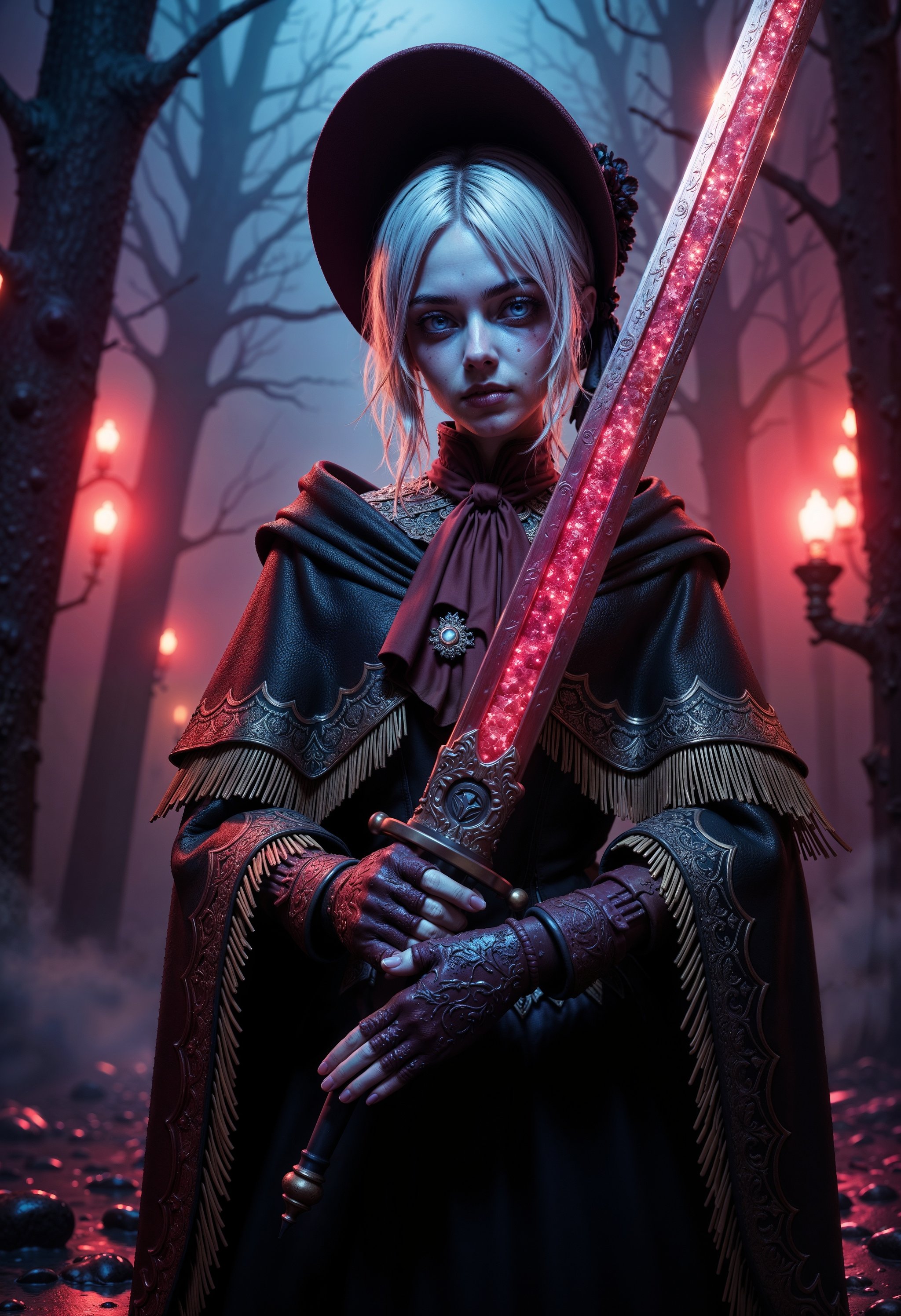 A dark and dramatic scene of PlainD0ll, standing confidently in the center, her slender form draped in intricate detailed outfit. Her face is partially obscured by her silver hair, revealing only her cold, determined eyes. She wields a massive rune-etched greatsword, glowing faintly with a vibrant scarlet light, hovering just above her hand as if controlled by her sheer will. Her doll hands, gloved in ornate metallic designs, grip the sword’s hilt with deadly precision. The background is shrouded in darkness, accented by splashes of vivid neon reds, blues, and purples that create an otherworldly, chaotic atmosphere. The scene blends cyberpunk and dark fantasy aesthetics, emphasizing dramatic lighting, high contrast, and a shallow depth of field. Bokeh effects and film grain add a cinematic, moody quality to the shot, capturing PlainD0ll’s haunting beauty and deadly presence in stunning, highly detailed fashion. (maximum ultra high definition image quality and rendering:3), maximum image detail, maximum realistic render, (((ultra realist style))), realist side lighting, , 8K high definition, realist soft lighting, (amazing special effect:3.5)  <lora:FluxPlainDoll:1>