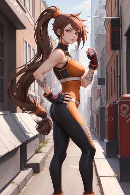 masterpiece, best quality, dnfstriker, ponytail, orange sleeveless turtleneck, black leggings, fingerless gloves, black leggings, orange shoes, standing, clenched fist, hand to hip, from side, looking at viewer, furrowed brow, smile, city street <lora:striker-nvwls-v2-000010:0.9>