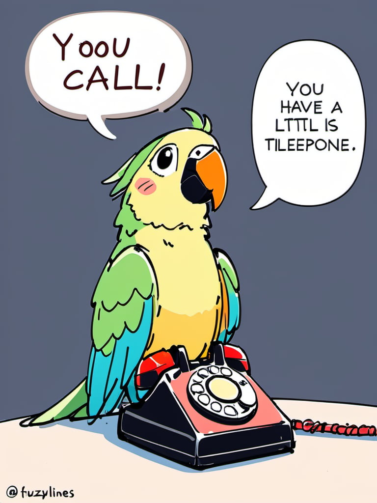 <lora:luXL毛躁手绘Fuzzylines_lora_resized:0.6>, fuzzylines, sketch, a cute little parrot is sitting on a telephone, calling out, speech bubble with text "You have a call"