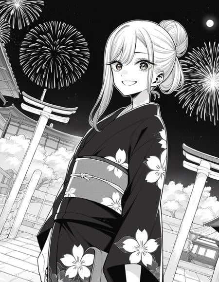 score_9, score_8_up, score_7_up, source_anime,marinkitagawa, <lora:marin-kitagawa-manga-ponyxl-lora-nochekaiser:1>,marin kitagawa, long hair, bangs, monochrome, greyscale,japanese clothes, kimono, bag, sash, obi, floral print, yukata, black kimono, hair bun, single hair bun,outdoors, shrine, night, moon, fireworks, smile,looking at viewer, cowboy shot, dutch angle, solo,