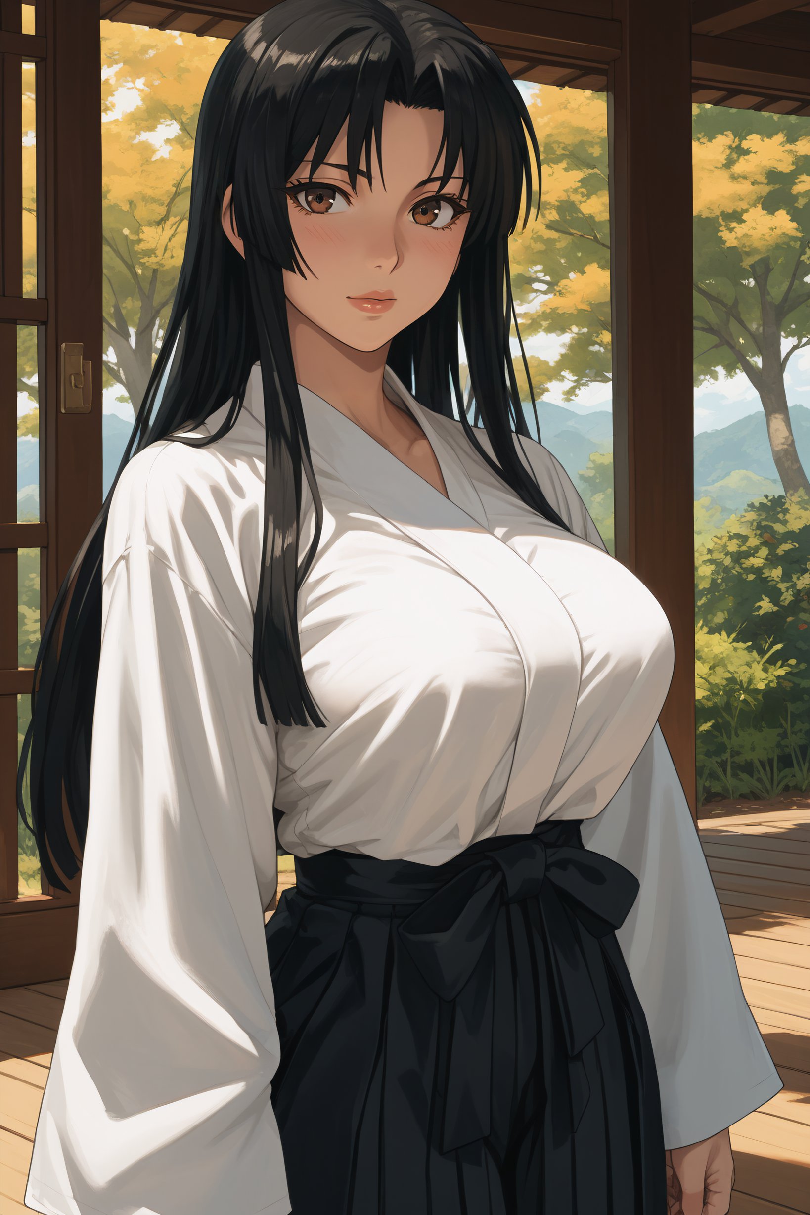 score_9, score_8_up, score_7_up, BREAK source_anime, <lora:Cal Shekar-PonyXL-lora-Faxtron:0.8> cal shekar, brown eyes, black hair, long hair, large breasts, hadanugi dousa, long sleeves, black hakama,